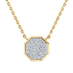 Exclusively available at REEDS Jewelers, the Stop Jewelry Collection contains octagon silhouettes designed to act as a reminder to stop and do something for yourself - because you deserve it. This 10k yellow gold necklace boasts an octagon shaped stationary pendant that is filled with sparkling pave set round diamonds. The pendant measures 9.5mm in length and width and is set on a cable chain that can be worn at 16 or 18 inches in length. The diamonds are 1/6ctw, I in color, and I2 in clarity. W Octagon Diamond Necklace Gift, Octagon Diamond Cut Necklace, Yellow Gold Necklace, You Deserve It, Pearl Strands, Do Something, Silhouette Design, Pendant Set, Pave Diamonds