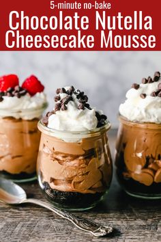 chocolate nutella cheesecake mousse in small jars with whipped cream and raspberries