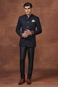 Navy bandhgala in suiting base with band collared neckline. - Aza Fashions Bandhgala For Men, Raghavendra Rathore, Anushree Reddy, Anamika Khanna, Diana Penty, Rohit Bal, Tarun Tahiliani, Sara Ali Khan, Kiara Advani