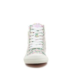 Step into a meadow of comfort with the Jazzin Pastel Floral High Top Sneakers! 🌸 Wrapped in green and pink florals, these cotton high tops are your ticket to a stylish season. White laces and a crisp rubber toe cap keep things classic, while a side zipper adds a modern twist. Match them with leggings or a denim skirt for a sweet, springtime ensemble. Their plush foam insole makes every step feel like walking on a cloud. 🌼👟 Style: Rocket Dog women's high top sneaker Upper Material: Green and P Trendy Green Sneakers For Spring, Trendy Cotton Sneakers For Spring, Pink Floral Print Sneakers For Summer, Pink Lace-up Sneakers With Floral Print, Trendy Floral Print Sneakers For Spring, Pink Floral Print Lace-up Sneakers, Pink Floral Print Sneakers With Round Toe, Spring Sporty High-top Textile Sneakers, High-top Cotton Sneakers For Spring