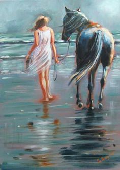 a painting of a girl walking with a horse on the beach in front of her