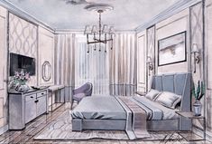 a drawing of a bedroom with a bed and dresser