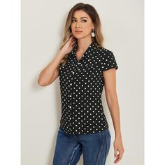 This crepe shirt features a button front and a short cap sleeve. A vintage polka dot over the summer top in a bold hue destined for the spotlight at dinner, events, or while out with friends. A vintage polka dot pattern brings eye-catching volume to a sweet summer shirt styled with a short sleeve and textured with subtle crepe. It is suitable for many occasions. Fitted Polka Dot Button-up Blouse, Fitted Button-up Blouse With Polka Dot Pattern, Polka Dot Blouse With Button Closure For Workwear, Summer Polka Dot Collared Blouse, Polka Dot Shirt With Button Closure For Work, Polka Dot Short Sleeve Blouse For Work, Classic Fitted Polka Dot Tops, Polka Dot Collared Blouse With Button Closure, Fitted Polka Dot Blouse With Button Closure