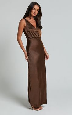 Melodie Midi Dress - V Neck Satin Slip Dress in Chocolate | Showpo USA Fitted V-neck Satin Dress With Bias Cut, Brown Fitted V-neck Slip Dress, Brown Silk V-neck Dress, Formal V-neck Bias Cut Slip Dress, Elegant V-neck Slip Dress With Satin Finish, Elegant Satin Dress For Date Night, Fitted Satin Finish Slip Dress With V-neck, Fitted V-neck Slip Dress With Satin Finish, Sleek V-neck Maxi Dress For Wedding