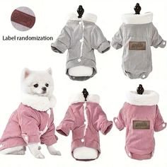 four pictures of clothes for small dogs in various colors and sizes, including one with a hoodie