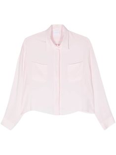 powder pink crepe texture classic collar concealed front button fastening drop shoulder long sleeves with buttoned cuffs two chest patch pockets cropped straight hem Chic Cropped Shirt With Pockets For Work, Chic Button-up Cropped Shirt With Pockets, Chic Cropped Button-up Shirt With Pockets, Chic Cropped Blouse With Button Cuffs, Classic Long Sleeve Cropped Shirt For Daywear, Classic Cropped Shirt With Pockets For Work, Chic Cropped Shirt With Button Cuffs For Work, Chic Pink Blouse With Spread Collar, Chic Pink Tops With Pockets