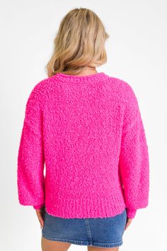 Details Magenta Fuzzy Pocketed Sweater Fabric has stretch Crew neckline, ribbed hem, functional pocket Pair this sweater with a cute skort! Unlined Size small from shoulder to hem: 19" Material and Care 100% polyester Machine wash cold, tumble dry low Patterns may vary Materials may have natural variations Colors may vary from different viewing devices Hot Pink Christmas Sweaters, Hot Pink Knit Sweater, Pink Fuzzy Pull Over, Oversized Hot Pink Sweater, Neon Pink Sweater, Magenta Sweater, Pink Activewear, Halloween Trends, Short Maxi Dress