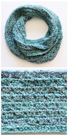 crocheted scarves are shown in three different colors and sizes, one is blue the other is green