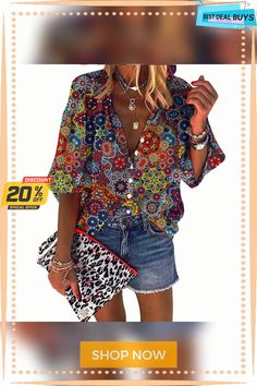 Women's Shirt Blouse Blue Graphic Prints Button Print Long Sleeve Daily Weekend Basic Boho V Neck Long Loose Fit S Multicolor V-neck Shirt With Button Closure, Bohemian Summer Tops With Buttons, Multicolor Buttoned Tops For Summer, Non-stretch Summer Blouse With Buttons, Bohemian Beach Blouse With Buttons, Bohemian Blouse With Buttons For The Beach, Bohemian Summer Shirt With Button Closure, Bohemian Shirt With Button Closure For Summer, Summer Non-stretch Button-up Blouse