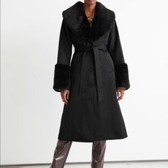 & Other Stories - Long Belted Fitted Faux Fur Coat Size 4 Nwt Woven Coat With A Belted Waistline, A Fitted Long Silhouette And Faux Fur Collar And Cuffs 5 Button Closures Light Padding Duo Welt Pockets Length Of Coat: 113.4 Cm / 44.6” Lapel Collar Fur Coat For Fall Workwear, Fall Outerwear With Faux Fur Lining, Fall Workwear Fur Coat With Lapel Collar, Faux Fur Lined Outerwear For Fall Workwear, Fall Workwear Outerwear With Faux Fur Lining, Black Fur Coat For Winter Workwear, Formal Faux Fur Outerwear With Fur Trim, Elegant Fitted Outerwear With Faux Fur Lining, Chic Formal Outerwear With Faux Fur Trim