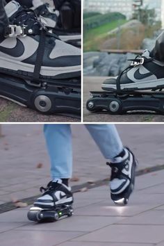 a person riding a skateboard on top of a pair of rollerblading shoes