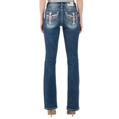 Miss Me Women's Mid-Rise Embroidered Americana Description Show Off Your Lucid Style In This Pair Of Bootcut Jeans Detailed With A Studded Cross And American Flag Art, Embroidered Back Pocket, Fading, Contrast Stitching And A 5-Pocket Design. Features: * 52% Cotton, 27% Rayon, 20% Polyester, 1% Elastane * Imported * Zipper Closure * Machine Wash * 52% Cotton / 27% Rayon / 20% Polyester / 1% Elastane * Zip-Fly With Button Closure * Five-Pocket Design With Americana Angel Wing And Cross Embroidery American Flag Art, Embroidery Product, Cross Embroidery, Flag Art, Jean Jeggings, Dark Blue Color, Contrast Stitch, Pocket Design, Selling Online