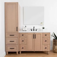 a bathroom vanity with two sinks and a large mirror