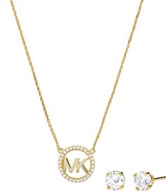 From Michael Kors, this box set features:Necklace and earring box setSterling silver or 14k gold-platedPolished finishSpring ring closureNecklace approx. 16" L +2" extenderEarring approx. 6.1mm width1-year limited warrantyImported. Earring Box, Stud Set, Dillard's, Stud Earring, Box Set, Charm Necklace, Diamond Necklace, Gold Necklace, Michael Kors