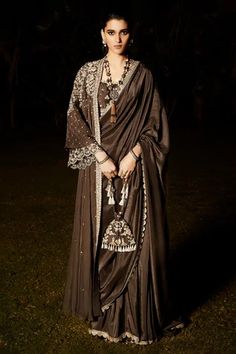 Shop for Matsya Grey Silk The Royal Parisian Saree With Jacket for Women Online at Aza Fashions Saree With Jacket, Jacket Saree, Jacket With Embroidery, Reception Outfits, Saree Jackets, Parisian Architecture, Royal Indian, Grey Saree, Zardozi Embroidery