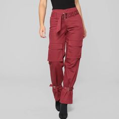 Excellent Condition Nwt Never Worn Size: Xs Color: Burgundy Adjustable Belts 50% Cotton, 48% Polyester, 2% Spandex Like And I'll Send You A Private Offer! Red High Waist Pants With Cargo Pockets, High Waist Red Pants With Cargo Pockets, High Waist Red Cargo Pants With Pockets, High Waist Red Cargo Pants, Red Wide Leg Cargo Pants For Fall, Trendy Red Bottoms With Cargo Pockets, Trendy Red Fall Cargo Pants, Trendy Red Cargo Pants For Fall, Casual High Rise Red Pants