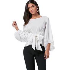 Buy Puff Sleeve Belted Blouse - White - 3N32948815 online, fidn many other Designer Women's Clothing Belted Blouse, Blouse Size Chart, Belt Blouse, Polyester Shirt, Belted Midi Dress, Cute Blouses, Women Blouse, Sammy Dress, Puff Sleeve Blouse