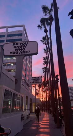 palm trees line the sidewalk in front of a building with a sign that says do you know what you are?