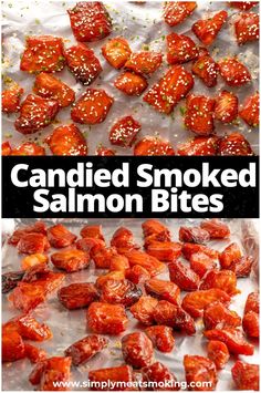 candied smoked salmon bites with sesame seeds on top and in the background, there is a