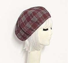 Burgundy & grey checkered double knit vintage fabric beret hat, lined in rayon print, the top of the hat is made up of 6 section crown, and 1" soft elastic band inside. One size fits most and will fit up to a 22" Made in USA Machine wash cold Plaid Cap One Size Fits Most, Adjustable Plaid Flat Cap, Hat Template, Vintage Headbands, Beret Hat, Double Knit, Double Knitting, Vintage Fabric, Time Travel