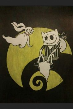 a drawing of jack skellingy on the moon with ghost and cat in background