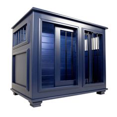 a large blue cabinet with bars on the sides and doors open to let in light