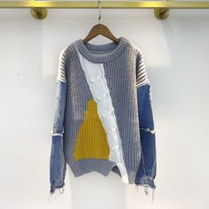 wickedafstore S Lelya Denim Patchwork Sweater Casual Knit Patchwork Outerwear, Blue Patchwork Sweater For Fall, Trendy Patchwork Knit Sweater, Trendy Knit Patchwork Sweater, Fall Cotton Patchwork Sweater, Patchwork Sweater For Spring Layering, Spring Patchwork Sweater For Layering, Patchwork Cotton Sweater For Spring, Oversized Cotton Patchwork Sweater