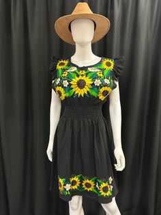 Beautiful Mexican embroidered sunflower short sleeve dress with elastic around waist for an adjustable fit. Casual Fitted Dress With Sunflower Print, Casual Fitted Sunflower Print Dress, Casual Sunflower Print Beach Dress, Summer Sunflower Print Short Sleeve Dresses, Sunflower Shorts, Mexican Embroidery, Short Sleeve Dress, Sleeve Dress, Sunflower