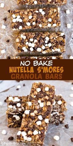 no bake nutella granola bars with chocolate chips and marshmallows