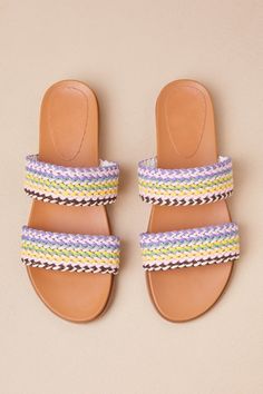 You'll be more than ready to stroll through the sunshine with the Galatia Rainbow Multi Woven Slide Sandals! These effortlessly cute sandals have a woven fabric construction (in rainbow-inspired hues) that shapes a wide toe strap and matching vamp, atop an almond footbed. The simple slide-on design makes for easy, everyday styling! 0. 5" rubber heel. Smooth insole. Felted rubber sole has nonskid markings. Man made materials. Imported. Lulus | Galatia Rainbow Multi Woven Slide Sandal Heels | Size Wineries Outfit, Fabric Construction, Shoes Flats Sandals, Sandal Heels, Swimming Outfit, Cute Sandals, Shoe Print, Rubber Heels, The Sunshine