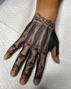 a person's hand with a skeleton tattoo on it