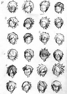 some sketches of different faces and hair for the character's head, which is drawn in