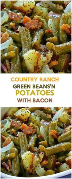 two pictures of green beans and potatoes with bacon in a white bowl on a table