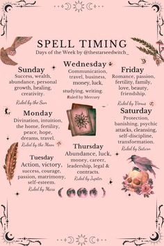 Discover the art of spell timing! Explore the best days of the week for potent magic, harnessing the energies of each day. From child love spells to weather workings, enhance your witchcraft with our printable guide. Unlock your spellcasting potential today! Days Of Week Witchcraft, Spells Days Of The Week, Spells For Witchcraft, Spells For Days Of The Week, Days Of The Week Rituals, Days To Do Spells, Best Days For Spells, Best Times To Do Spells, Spell Days Of The Week