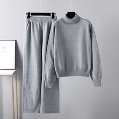 F00142362-200 Gray Stretch Sets For Fall, Legging Cuir, Knit Two Piece Set, Sweater Tops, Knit Turtleneck Sweater, Collar Sweater, Sweater Set, Mock Neck Sweater, Winter Knits