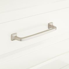 a close up of a door handle on a white cabinet