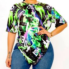 Nwt Fashion Nova It’s Lit Graffiti Top Size Medium.Multi Color Designgreen Black White Green Stretch Tops With Letter Print, Trendy Green T-shirt With Graffiti Print, Green Stretch Trendy Tops, Trendy Multicolor Fashion Print Tops, Stretch Green Printed Top, Green Fitted Edgy Tops, Stretch Green Printed T-shirt, Casual Fashion Print Stretch Tops, Edgy T-shirt For Spring Party