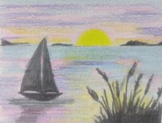 a drawing of a sailboat in the water at sunset with an island in the background