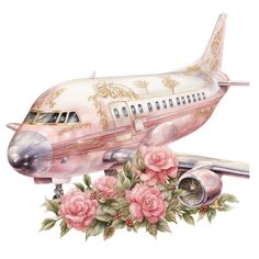 a painting of an airplane with flowers on it