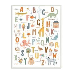 an alphabet poster with animals and letters on it's sides, in white frame