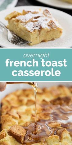 the french toast casserole is being drizzled with syrup