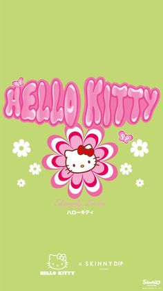 the hello kitty logo is shown in pink and green with white flowers on it's side