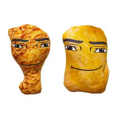 two pieces of bread with faces drawn on them, one is yellow and the other is orange