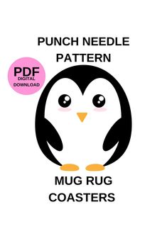 the penguin needle pattern for mug rug coasters is shown in black and white with pink dots