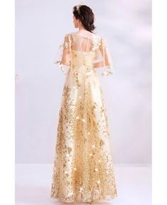 Sparkly Bling Gold Long Party Dress With Sheer Neck Puffy Sleeves Wholesale #T78006 - GemGrace.com Champagne A-line Gown For Party, Spring Wedding Gold Gown, Gold Dress For Holiday Banquet, Gold Holiday Dress For Banquets, Gold Holiday Dress For Banquet, Spring Wedding Gold Evening Dress, Gold Holiday Banquet Dress, Gold Evening Dresses For Winter, Gold Gown For Party In Spring