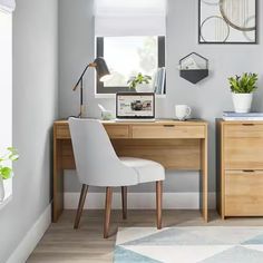 a white chair sitting next to a wooden desk