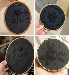 four pictures show how to embrow an embroidered piece with flowers and leaves on it