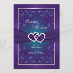 purple and blue wedding card with two hearts