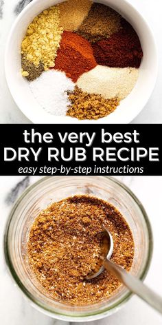 the very best dry rub recipe in a glass jar with spices and seasoning on top