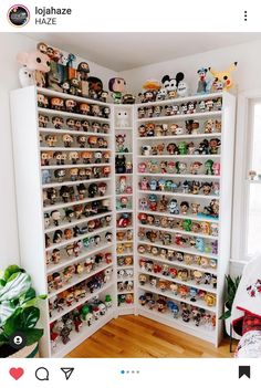 a room filled with lots of different kinds of toy figurines on shelves next to a window